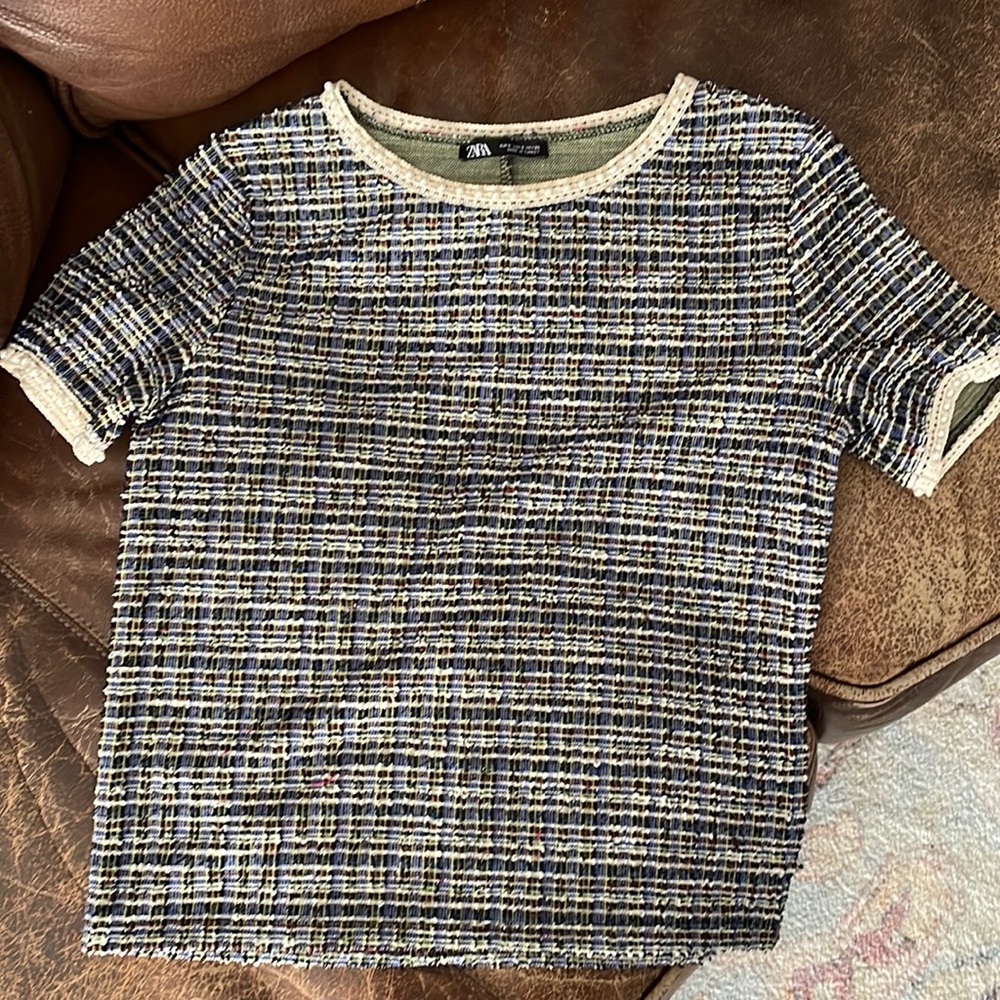 Zara Tweed Pearl Detail Crop Top